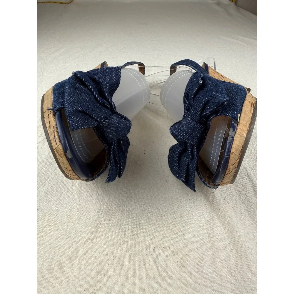 Clarks Slingback Wedges Womens 9M Blue Good Condition Denim Bow Peep Toe 60705